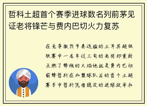 哲科土超首个赛季进球数名列前茅见证老将锋芒与费内巴切火力复苏 哲科土超首个赛季进球数名列前茅见证老将锋芒与费内巴切火力复苏