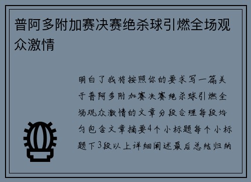 普阿多附加赛决赛绝杀球引燃全场观众激情